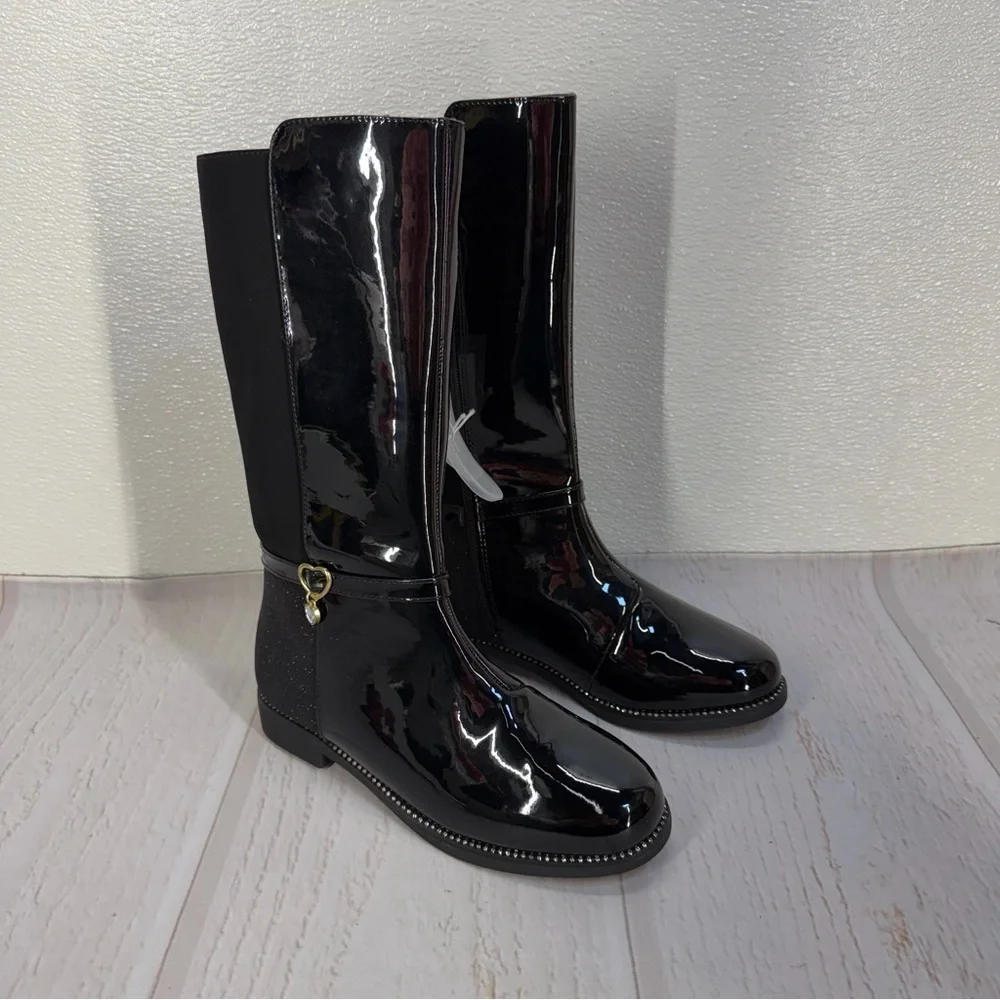 The‎ Children’s Place Girls Black Patent Knee-High Boots Heart Charm NWT Size 5